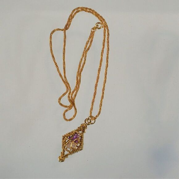 Vintage Mid Century Gold Tone Pendant Necklace Amethyst Rose Quartz 23" Chain - Picture 8 of 8